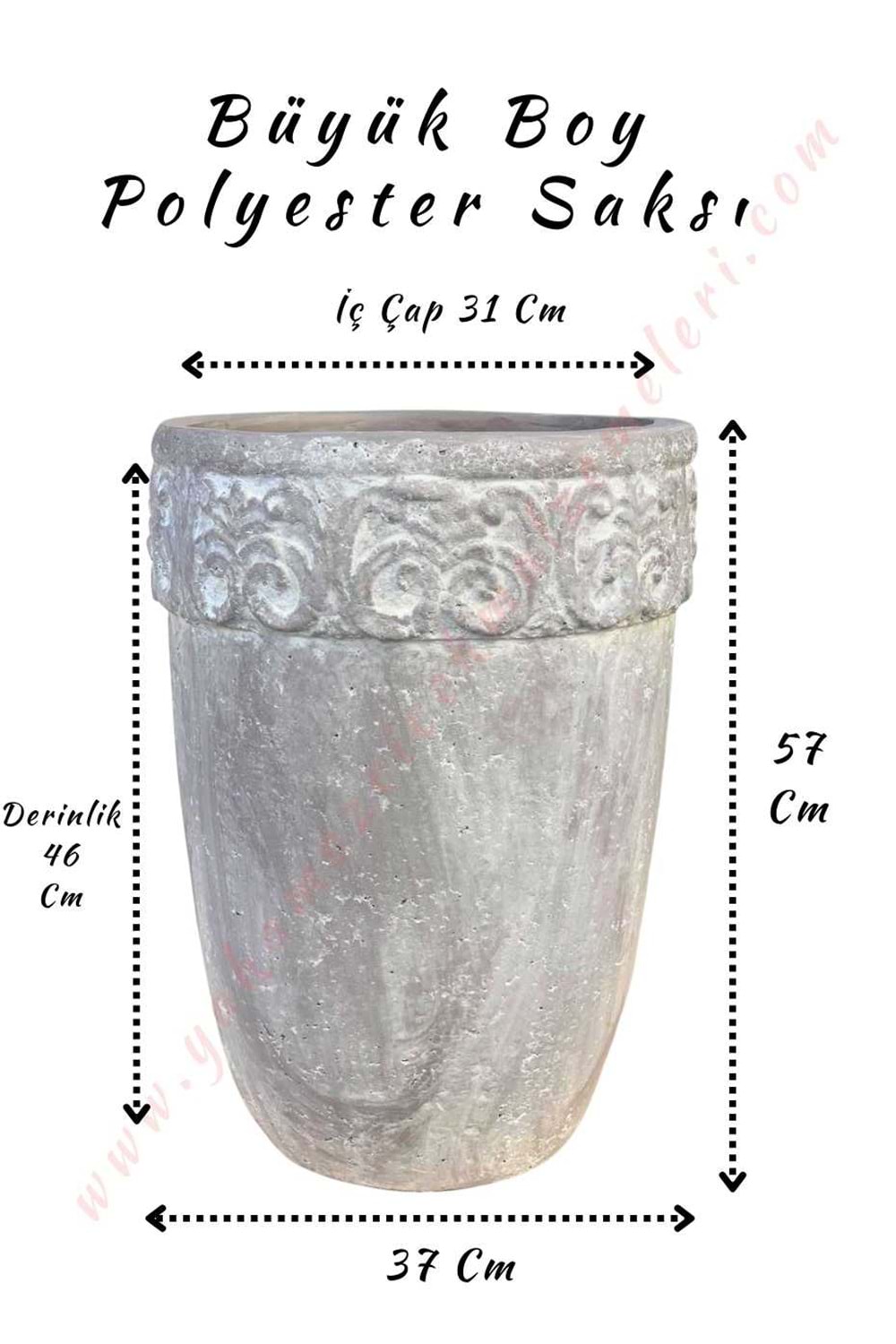 Büyük Boy Polyester Saksı Barok İşlemeli Çap 37 Cm Yükseklik 57 Cm - Gri