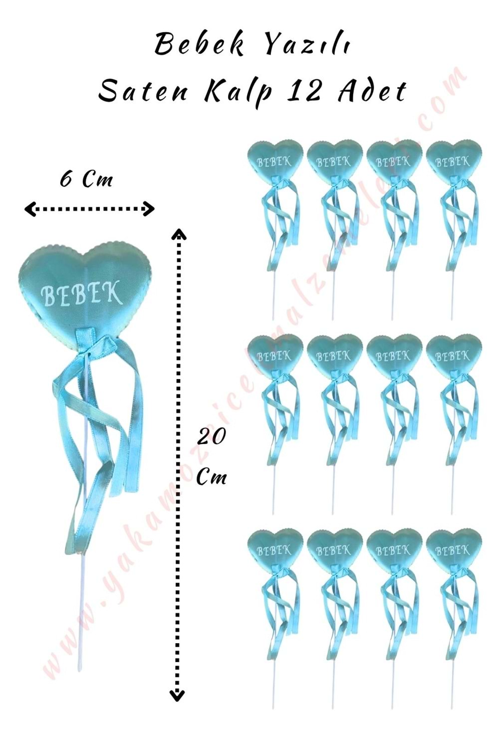 Çubuklu Saten Kalp Bebek Yazılı - 12 Adet - Açık Mavi