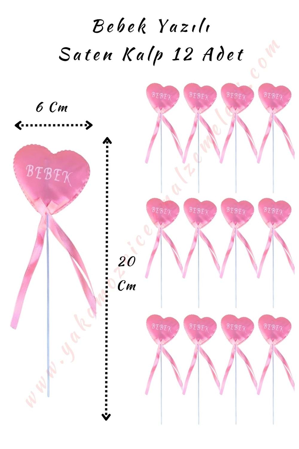 Çubuklu Saten Kalp Bebek Yazılı - 12 Adet - Açık Pembe