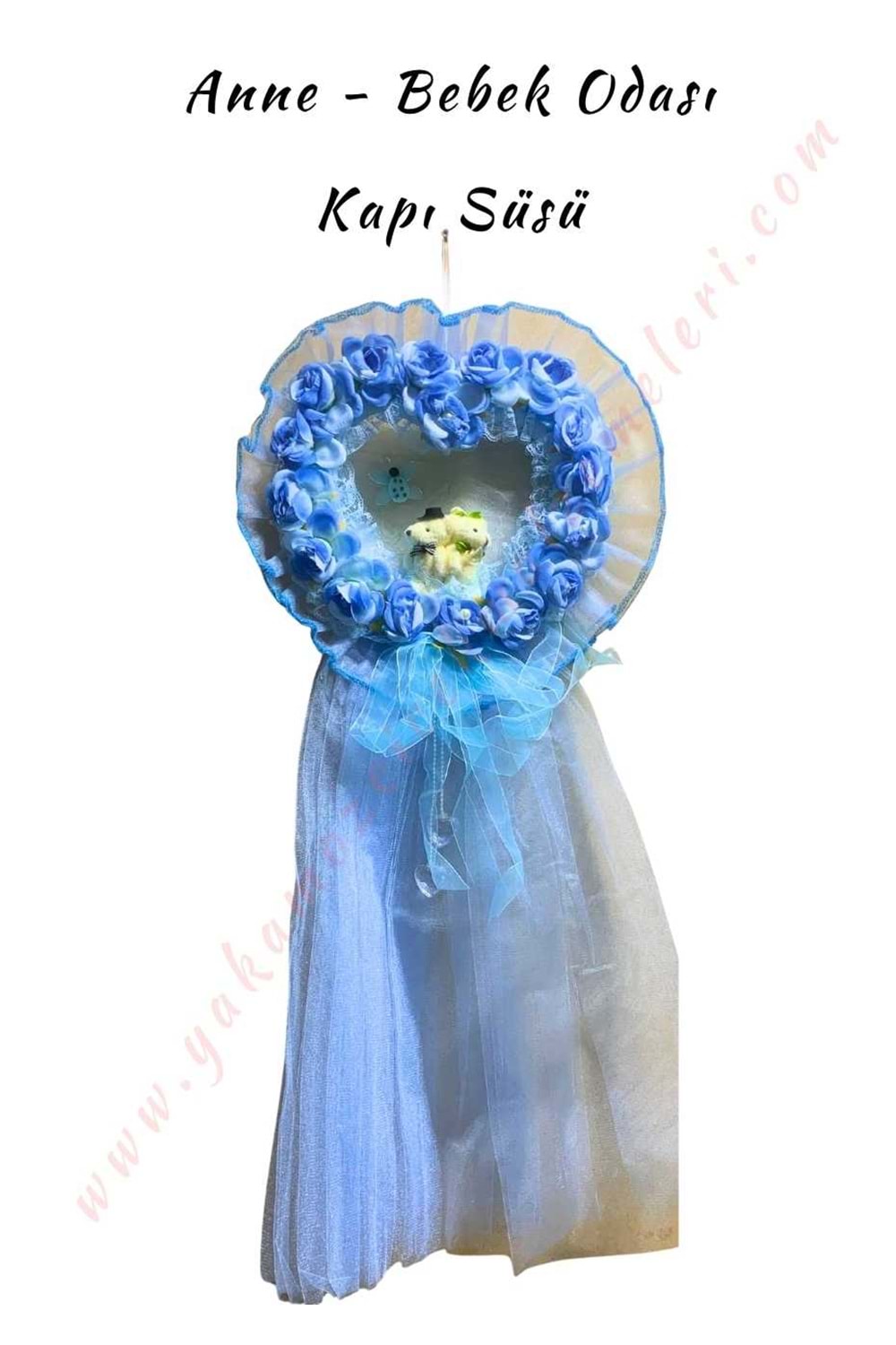 Ayıcıklı - Kalpli Bebek Kapı Süsü Tül - Mavi