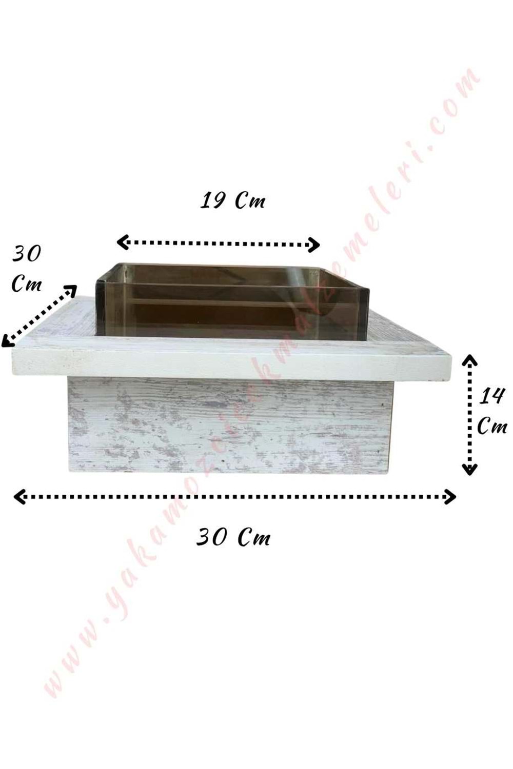Camlı Ahşap Saksı - Gri