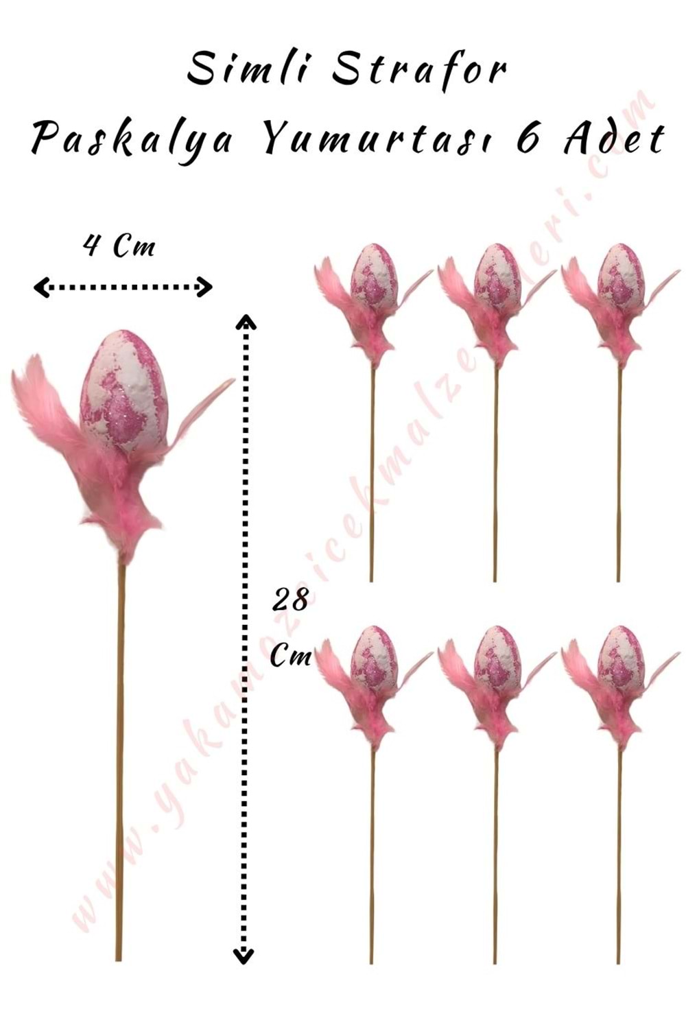 Çubuklu Strafor Paskalya Yumurta Simli 6 Adet - Pembe
