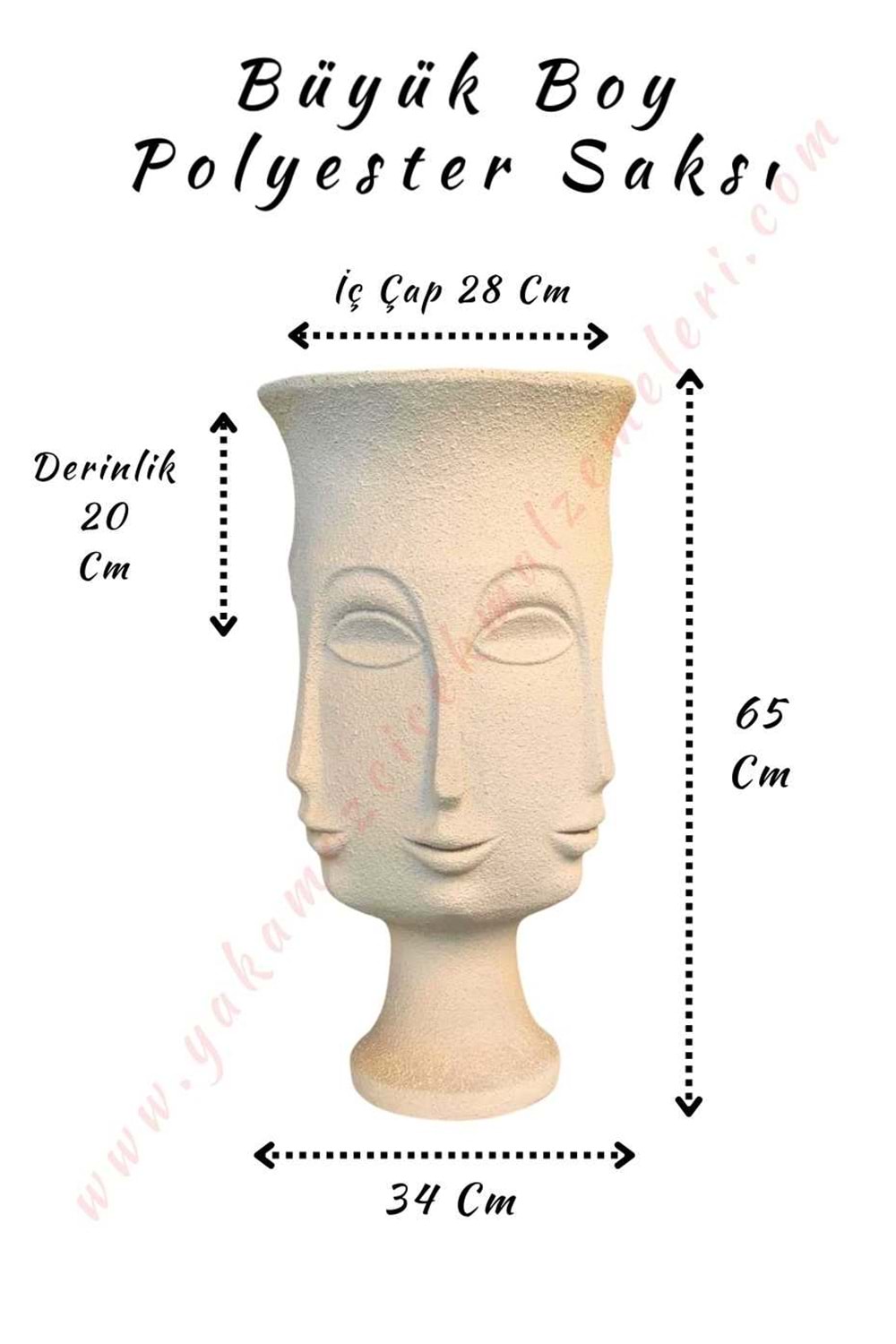 Büyük Boy Polyester Saksı Totem Yüz Kabartmalı Çap 34 Cm Yükseklik 65 Cm - Beyaz