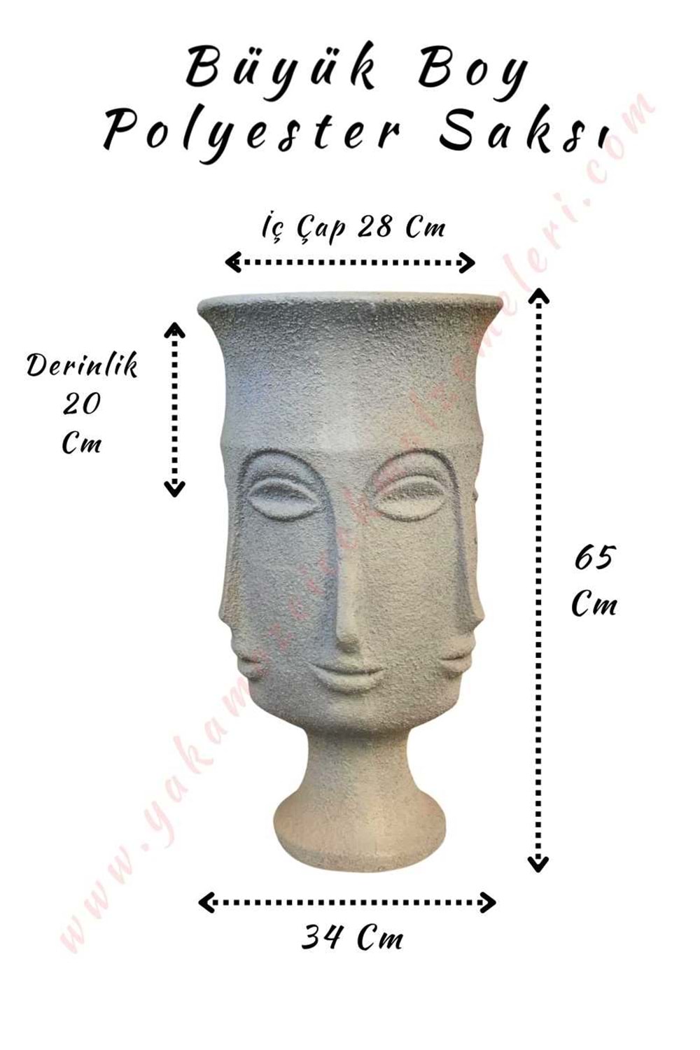 Büyük Boy Polyester Saksı Totem Yüz Kabartmalı Çap 34 Cm Yükseklik 65 Cm - Gri