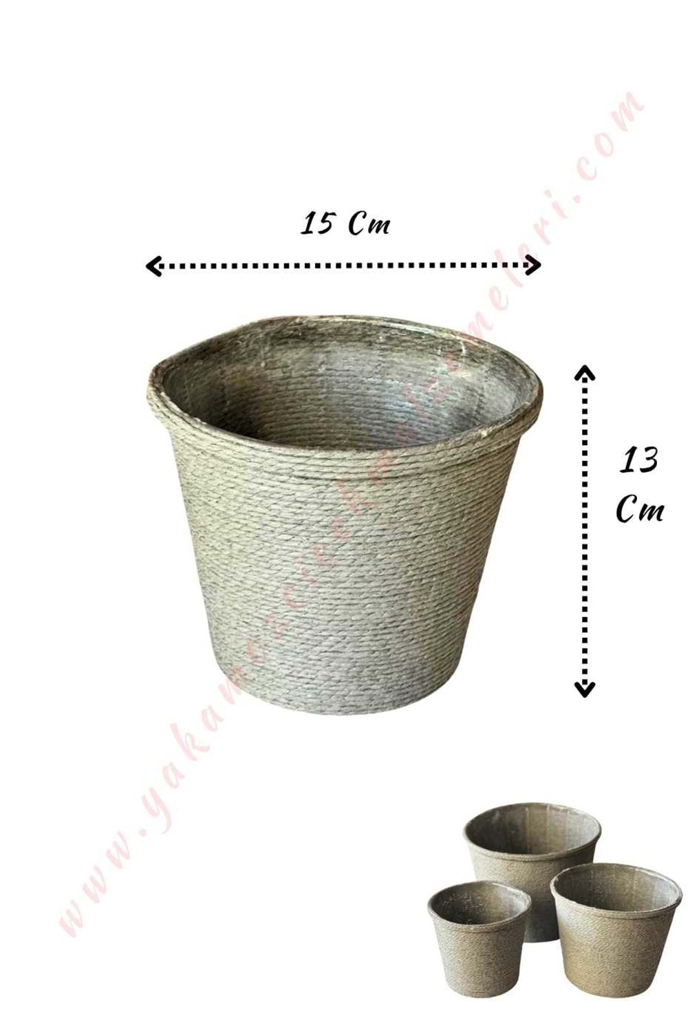 Hasır İp Sarılı Su Geçirmez Plastik Küçük Saksı Çap 15 Cm Boy 13 Cm YK-297 - Gri