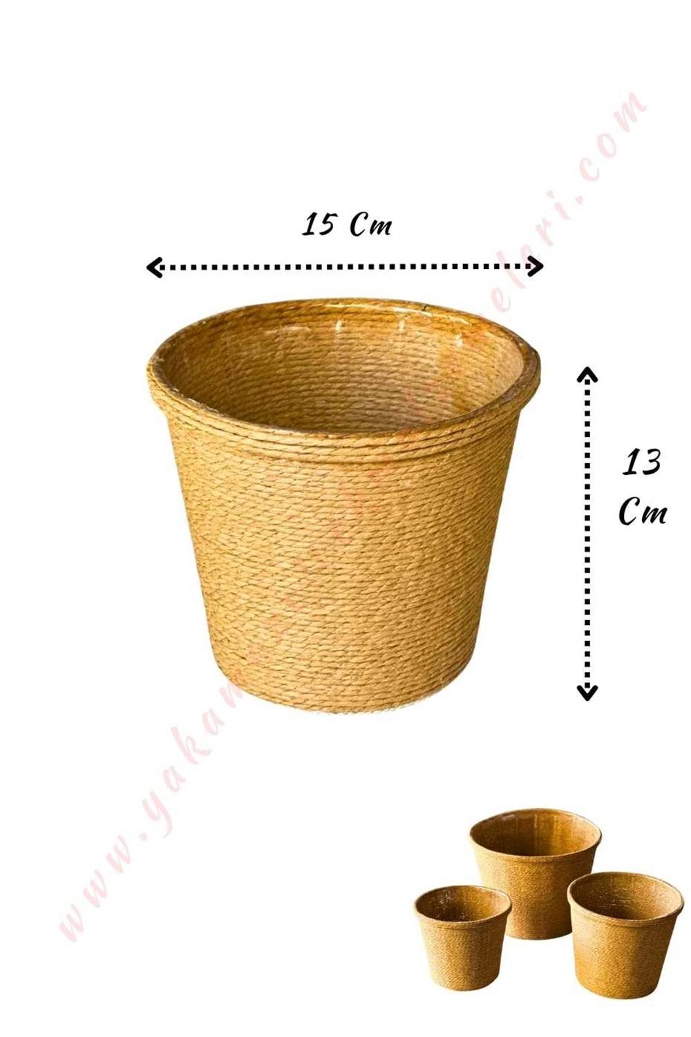 Hasır İp Sarılı Su Geçirmez Plastik Küçük Saksı Çap 15 Cm Boy 13 Cm YK-297 - Kahverengi