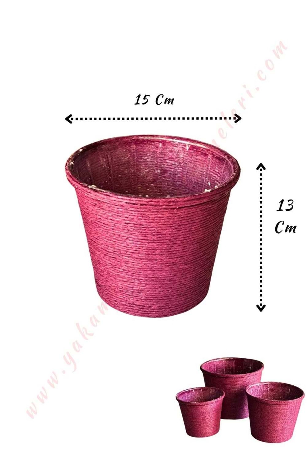 Hasır İp Sarılı Su Geçirmez Plastik Küçük Saksı Çap 15 Cm Boy 13 Cm YK-297 - Mürdüm