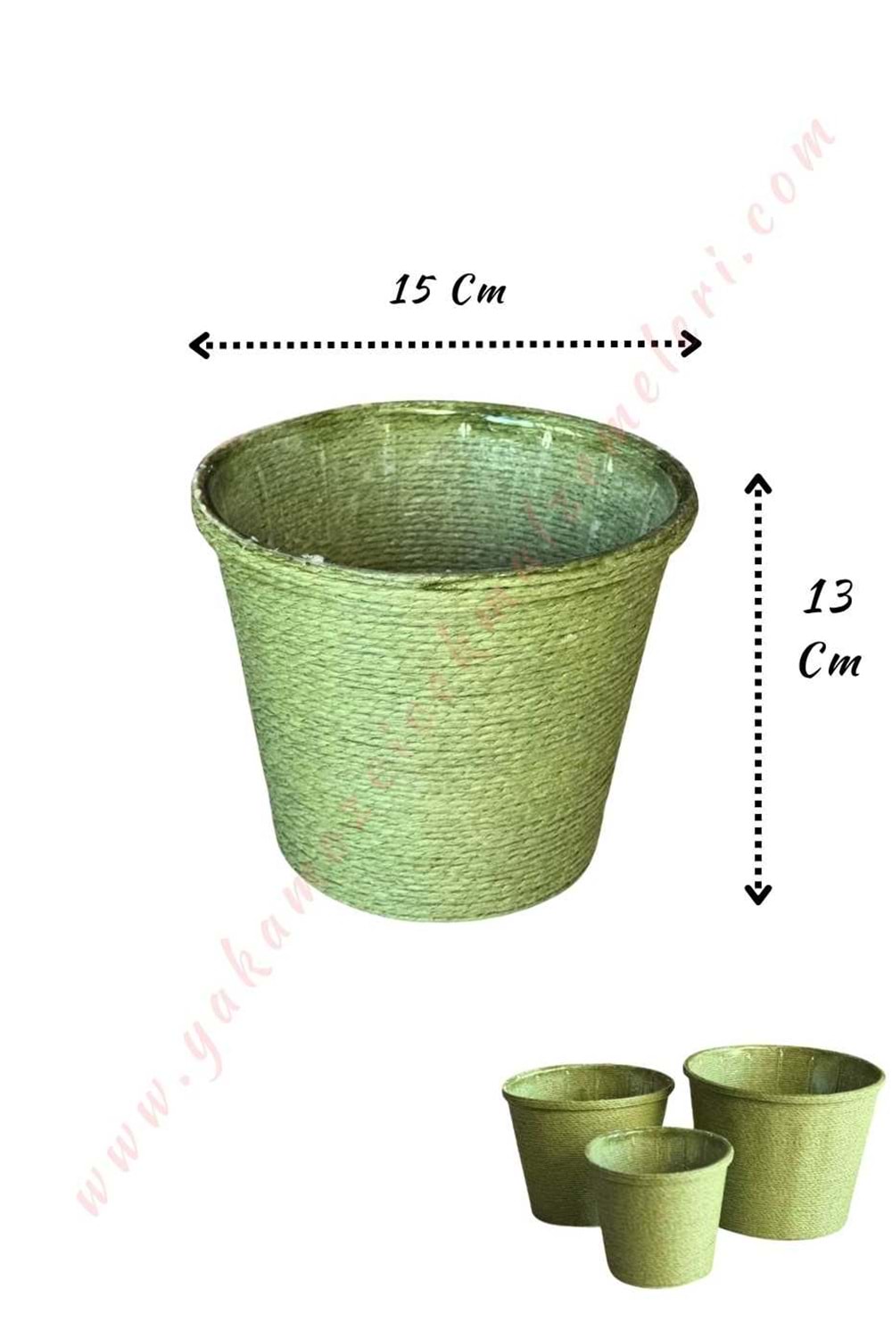 Hasır İp Sarılı Su Geçirmez Plastik Küçük Saksı Çap 15 Cm Boy 13 Cm YK-297 - Yeşil