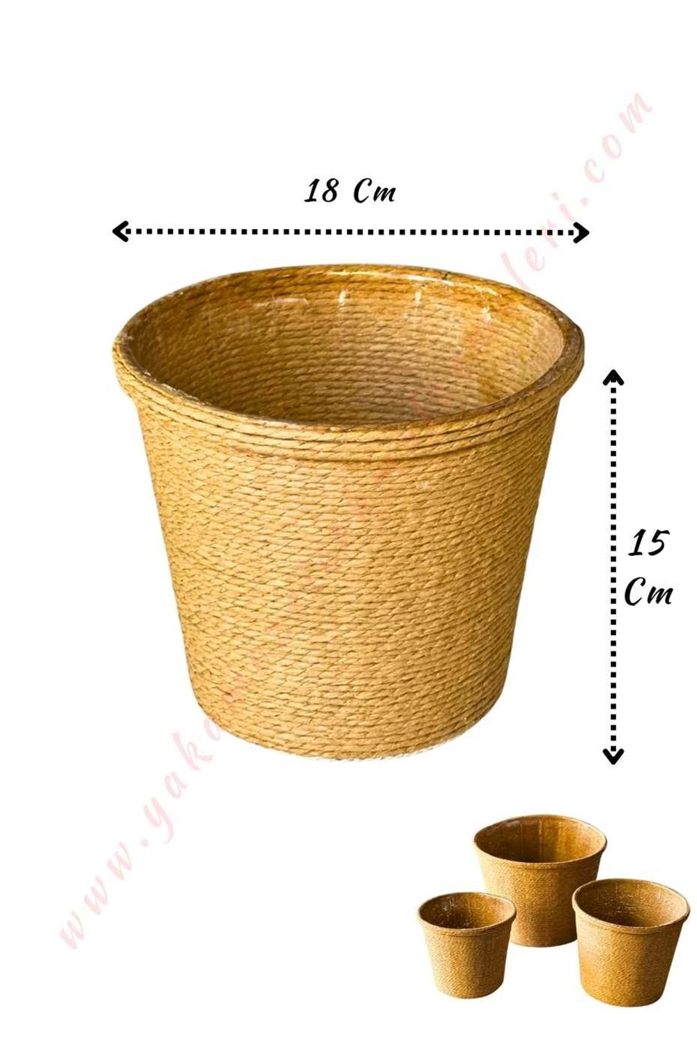 Hasır İp Sarılı Su Geçirmez Plastik Orta Saksı Çap 18 Cm Boy 15 Cm YK-298 - Kahverengi