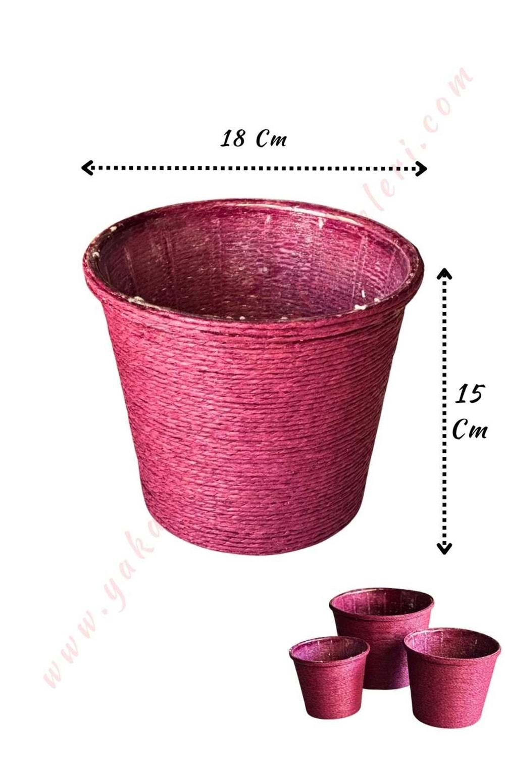 Hasır İp Sarılı Su Geçirmez Plastik Orta Saksı Çap 18 Cm Boy 15 Cm YK-298 - Mürdüm