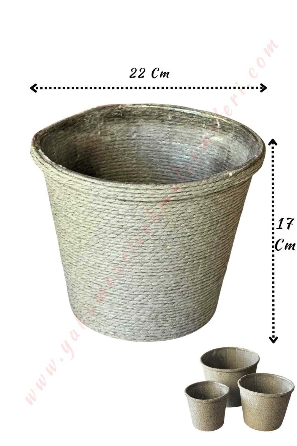 Hasır İp Sarılı Su Geçirmez Plastik Büyük Saksı Çap 22 Cm Boy 17 Cm YK-299 - Gri