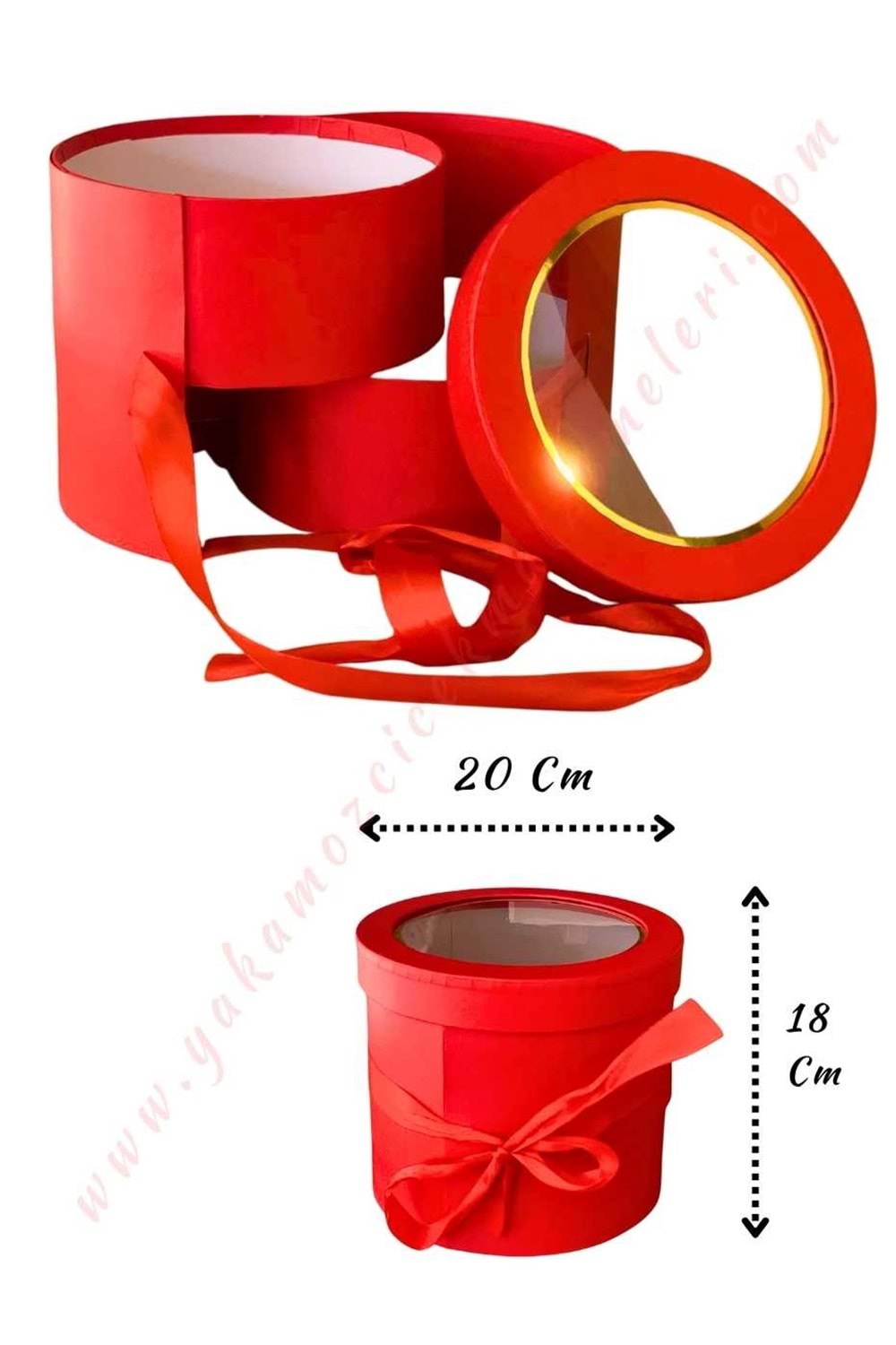 Açılabilir Bölmeli Şeffaf Kapaklı Silindir Kutu Çap 20 Cm YK-327 - Kırmızı