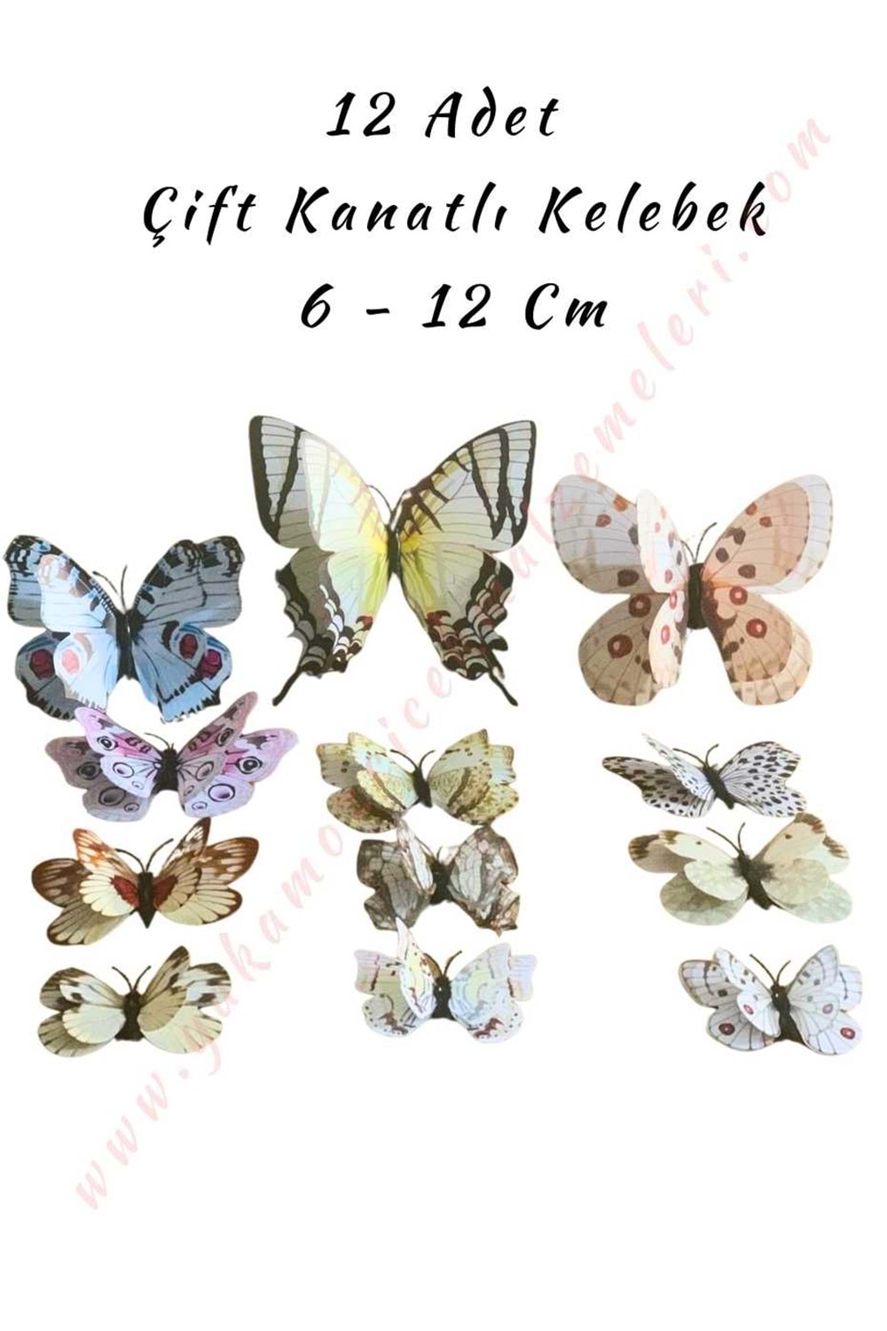 12 Adet Çift Kanatlı Kelebek Buket Teraryum Süsleme Malzemesi YK-419 YK-420 - Beyaz