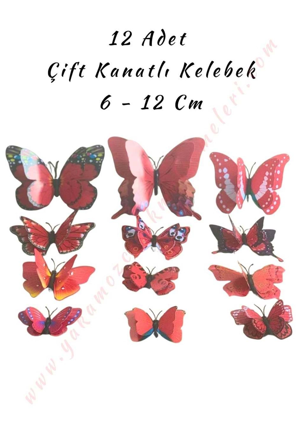 12 Adet Çift Kanatlı Kelebek Buket Teraryum Süsleme Malzemesi YK-419 YK-420 - Kırmızı
