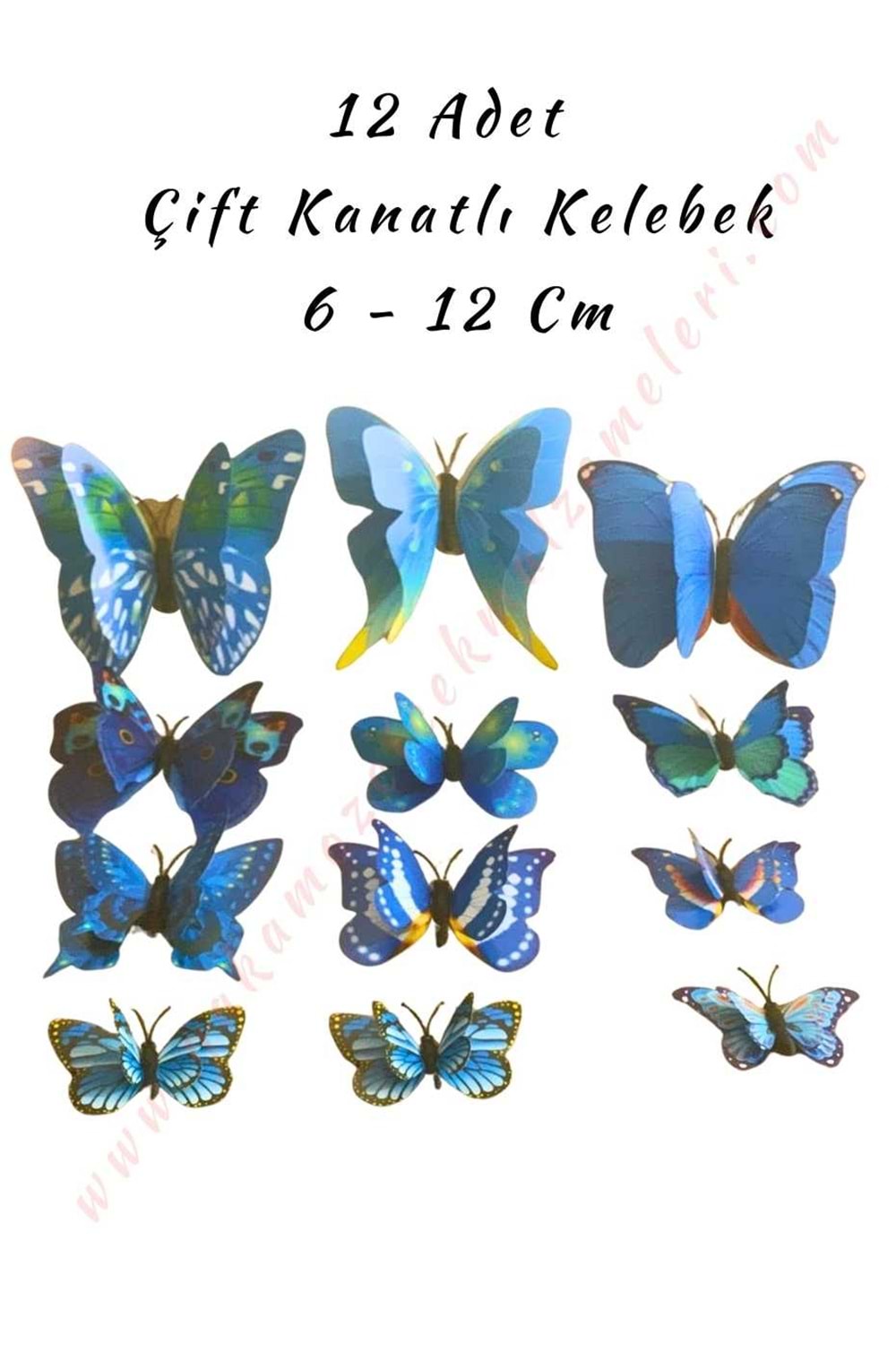 12 Adet Çift Kanatlı Kelebek Buket Teraryum Süsleme Malzemesi YK-419 YK-420 - Mavi