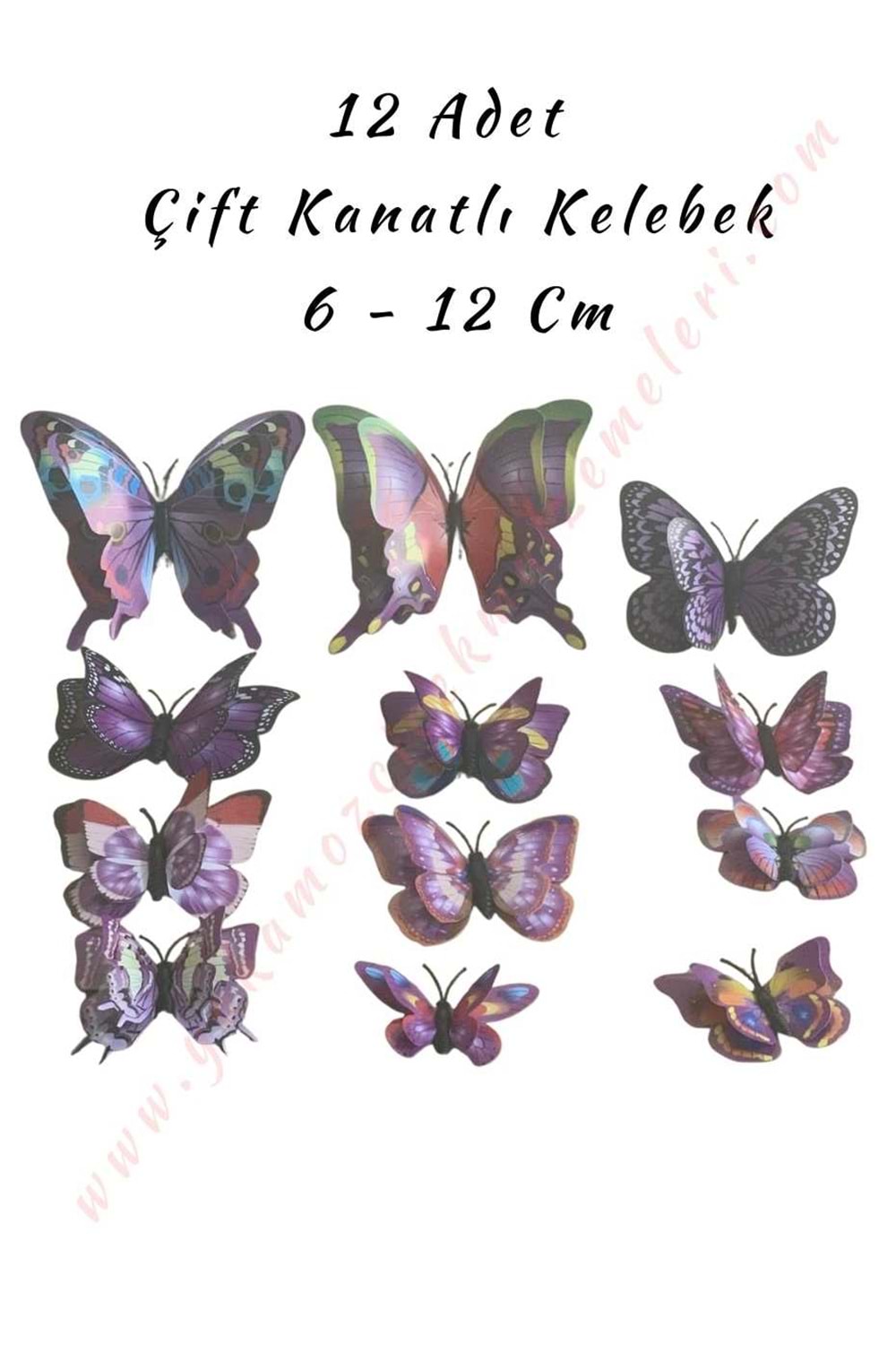 12 Adet Çift Kanatlı Kelebek Buket Teraryum Süsleme Malzemesi YK-419 YK-420 - Mor