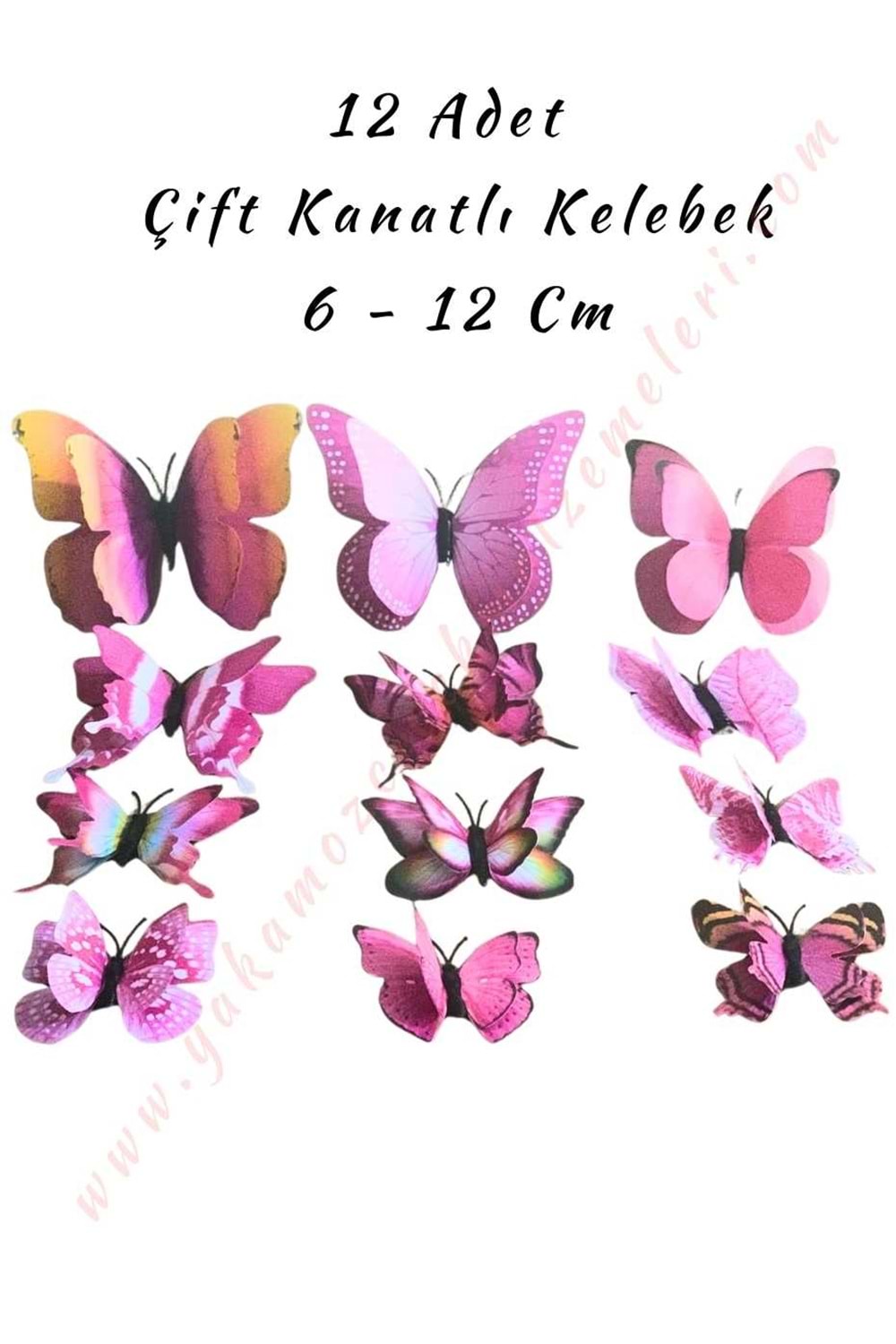12 Adet Çift Kanatlı Kelebek Buket Teraryum Süsleme Malzemesi YK-419 YK-420 - Pembe