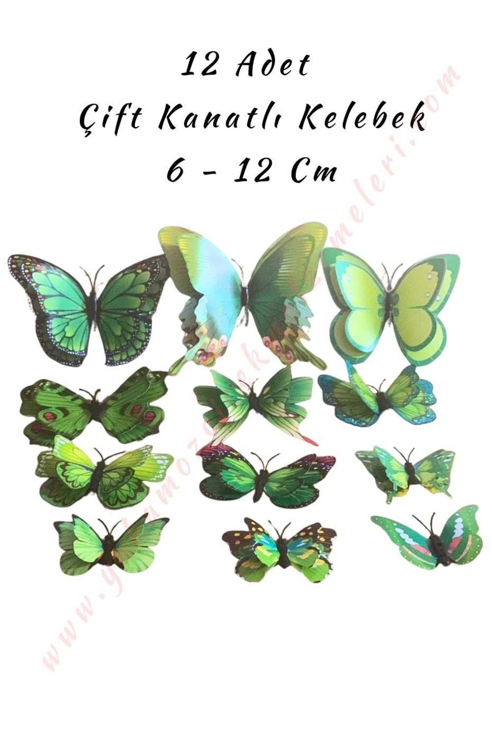 12 Adet Çift Kanatlı Kelebek Buket Teraryum Süsleme Malzemesi YK-419 YK-420 - Yeşil