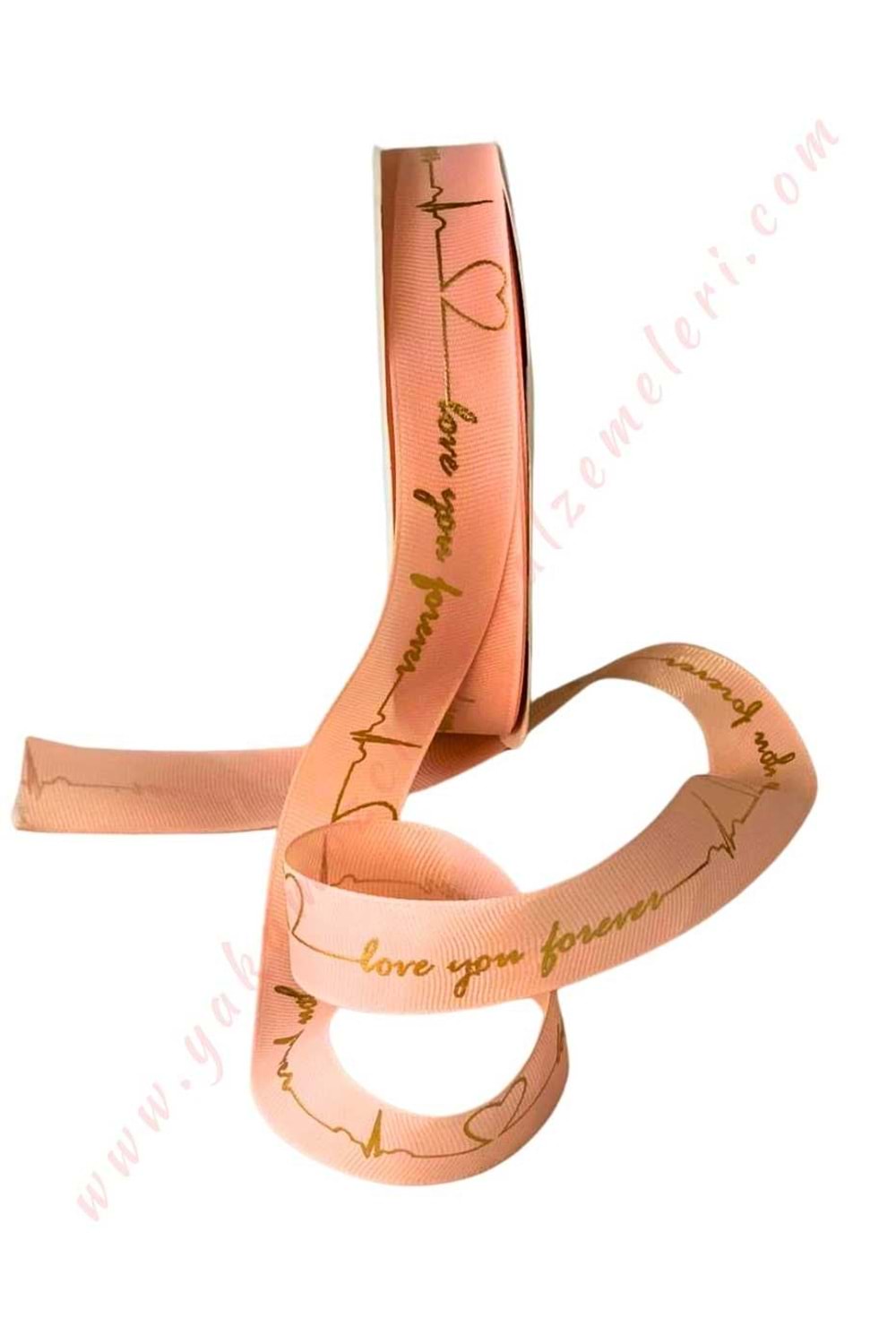 Love You Forever Yazılı Grogren Kurdele 2,5 Cm 38 Metre YK-402 - Somon