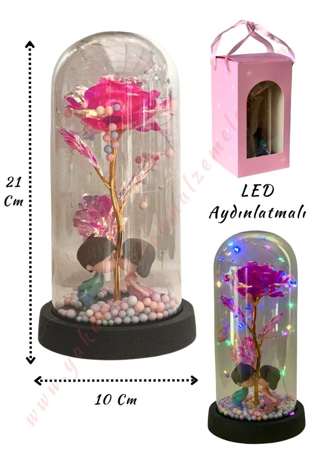 Sonsuzluk Gülü Süslemeli Sevgililer Işıklı Fanus Hazır Tanzim Çap 10 Cm Yükseklik 21 Cm YK-432 - Pembe