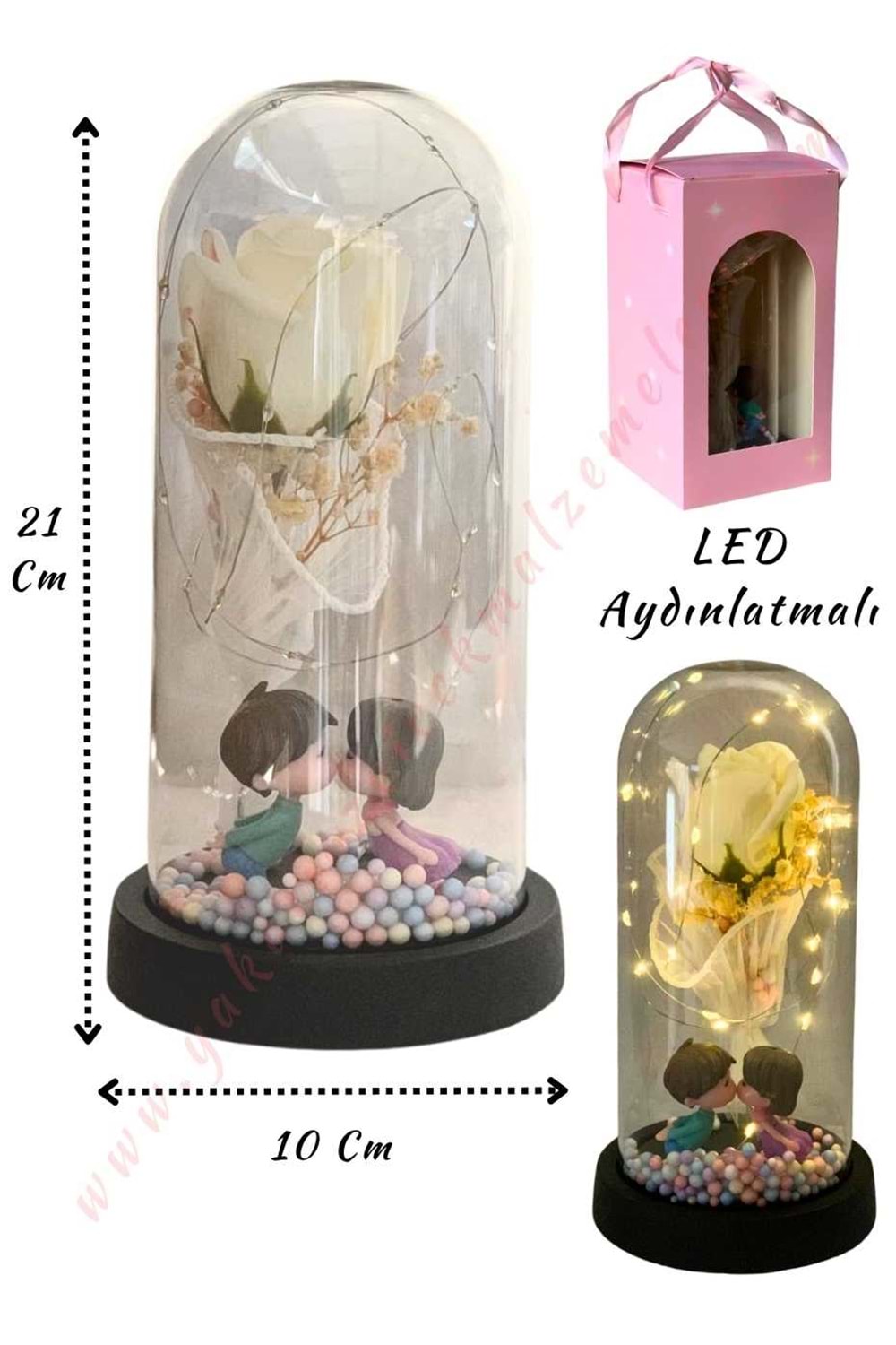 Gül Süslemeli Sevgililer Işıklı Fanus Hazır Tanzim Çap 10 Cm Yükseklik 21 Cm YK-433 - Beyaz