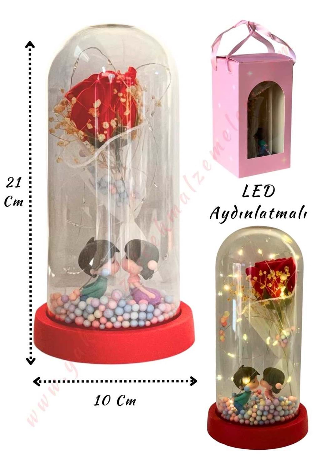 Gül Süslemeli Sevgililer Işıklı Fanus Hazır Tanzim Çap 10 Cm Yükseklik 21 Cm YK-433 - Kırmızı