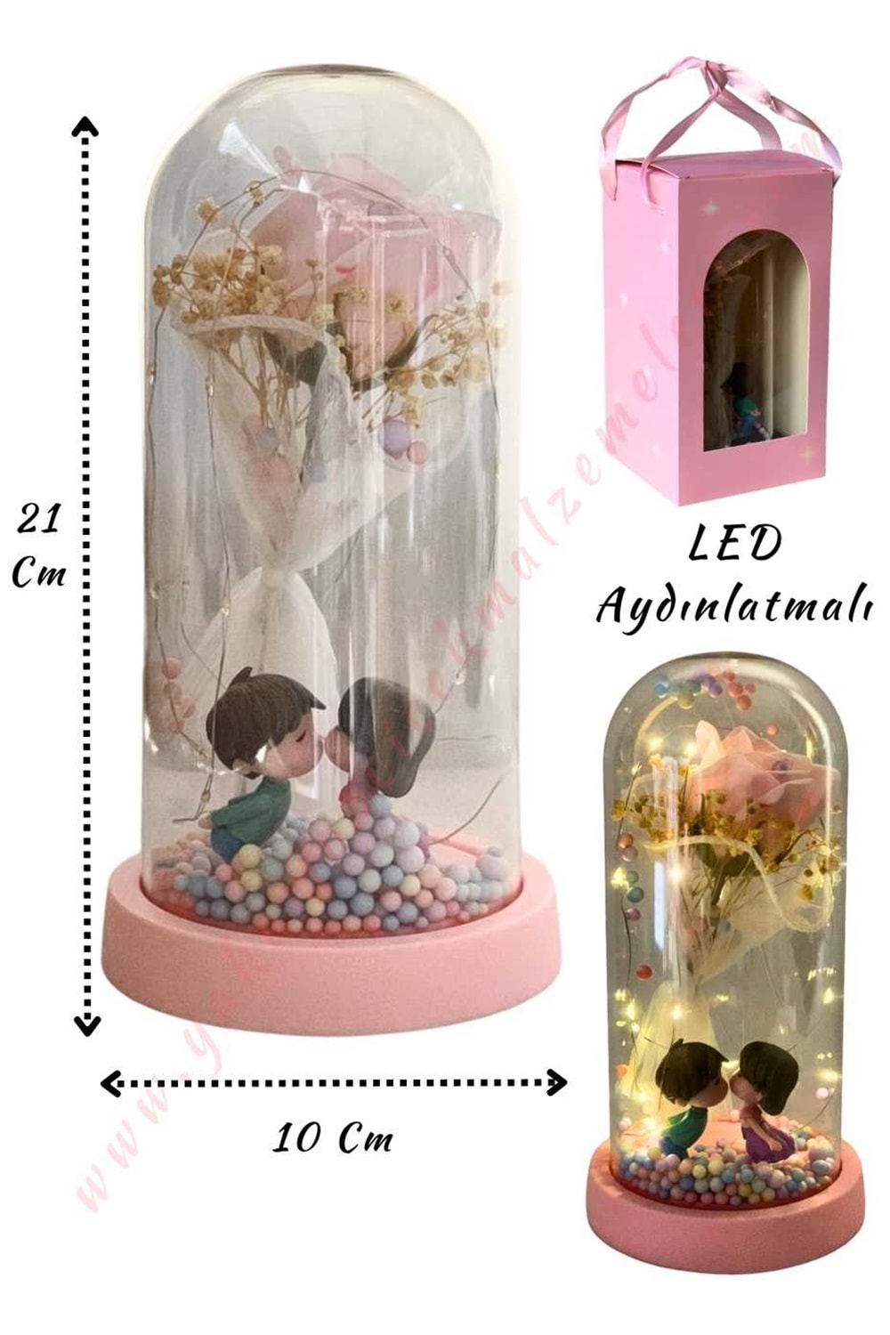 Gül Süslemeli Sevgililer Işıklı Fanus Hazır Tanzim Çap 10 Cm Yükseklik 21 Cm YK-433 - Pembe