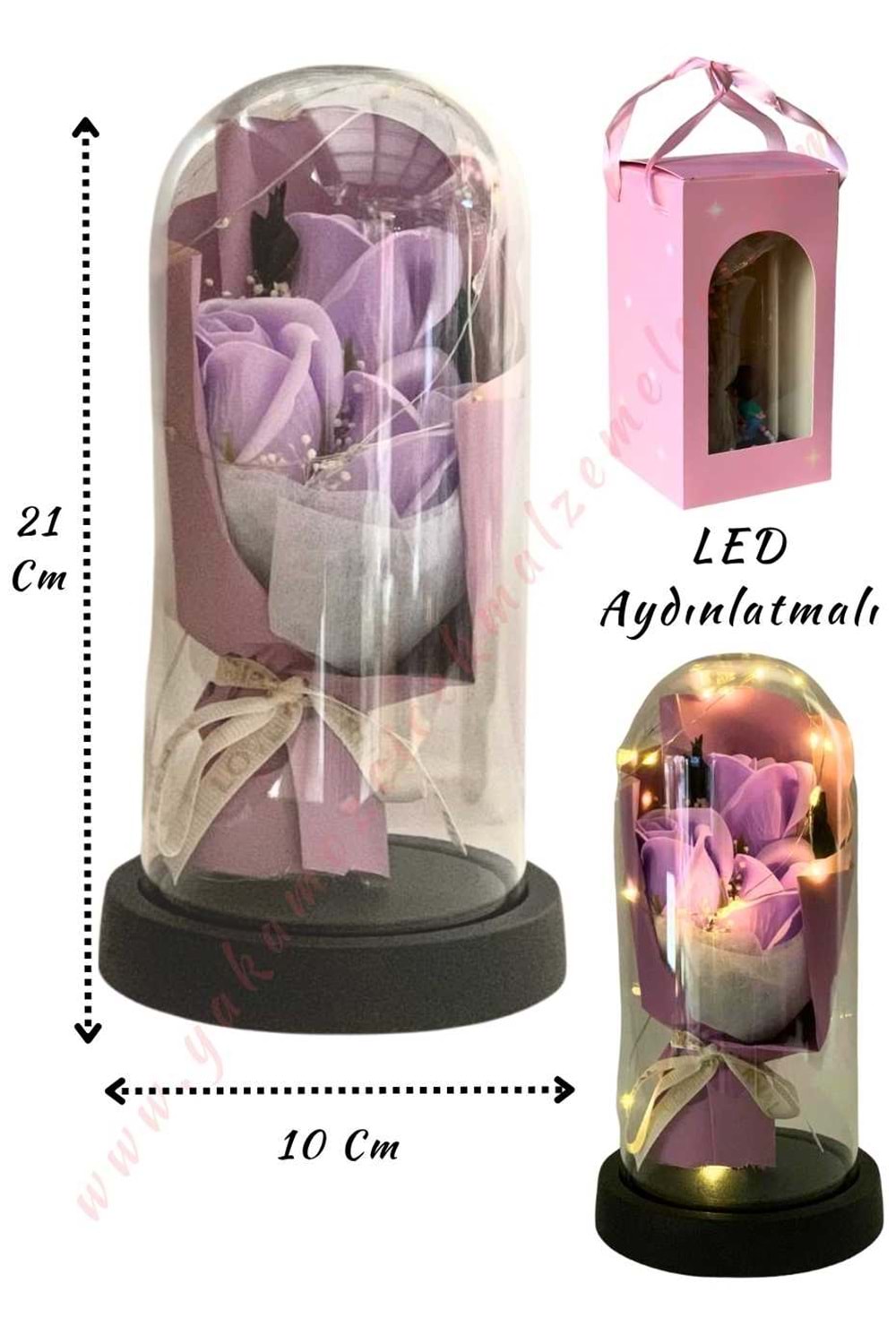 Gül Süslemeli Işıklı Fanus Hazır Tanzim Çap 10 Cm Yükseklik 21 Cm YK-434 - Lila