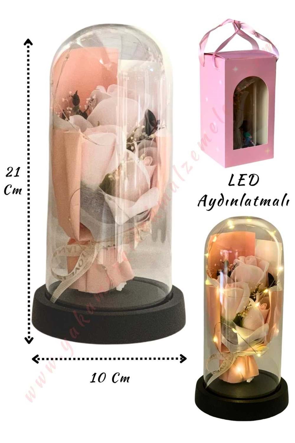 Gül Süslemeli Işıklı Fanus Hazır Tanzim Çap 10 Cm Yükseklik 21 Cm YK-434 - Pembe