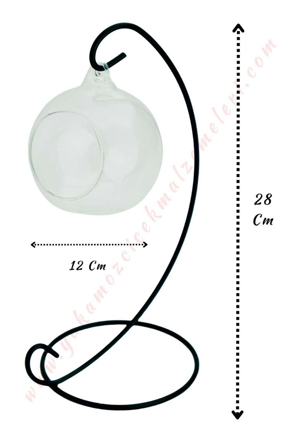 Dekoratif Cam Küre Kandil Mumluk Çap 12 cm Büyük YK-199 Orta Boy Metal Askılı 28 Cm Ferforje Ayaklı