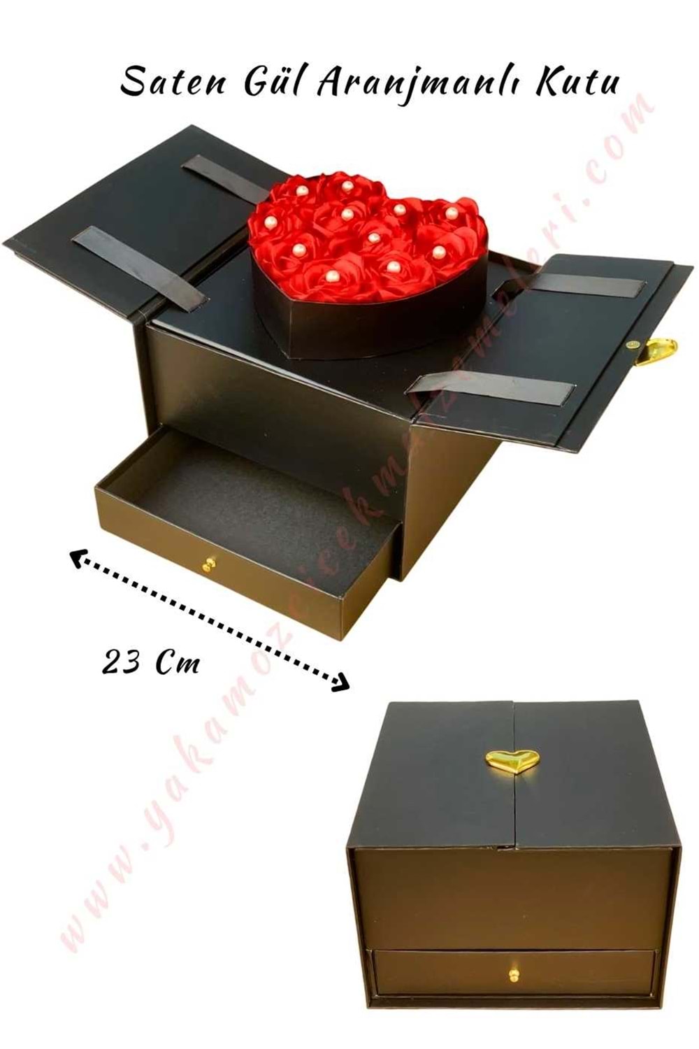 Saten Gül Aranjmanlı Asansörlü Çekmeceli Çiçek Çikolata Hediye Kutusu KUTU YK-59 - Siyah