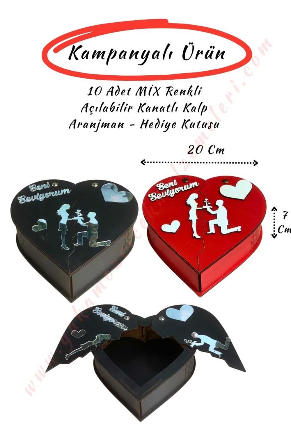 10 Adet Kanatlı Ahşap Kalp Kutu 20*20*7 Cm MİX RENKLER
