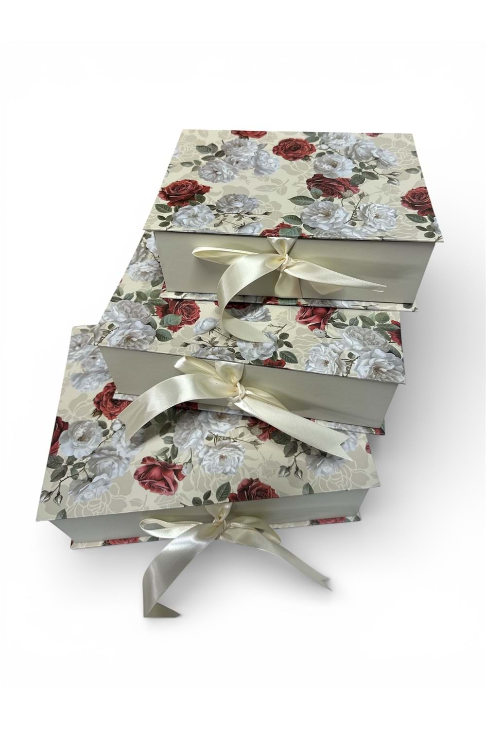 Kutu Sandık Kurdela Bağlamalı 3 lü-ithal - Krem