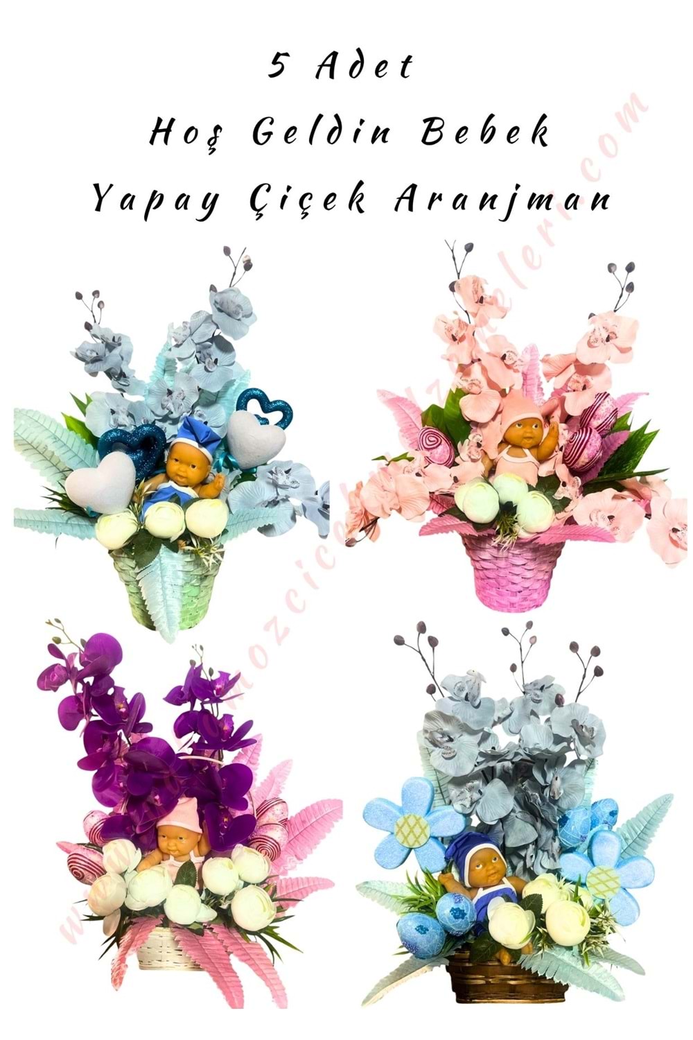 5 Adet Hoşgeldin Bebek Sepet Yapay Çiçek Aranjman Tanzim