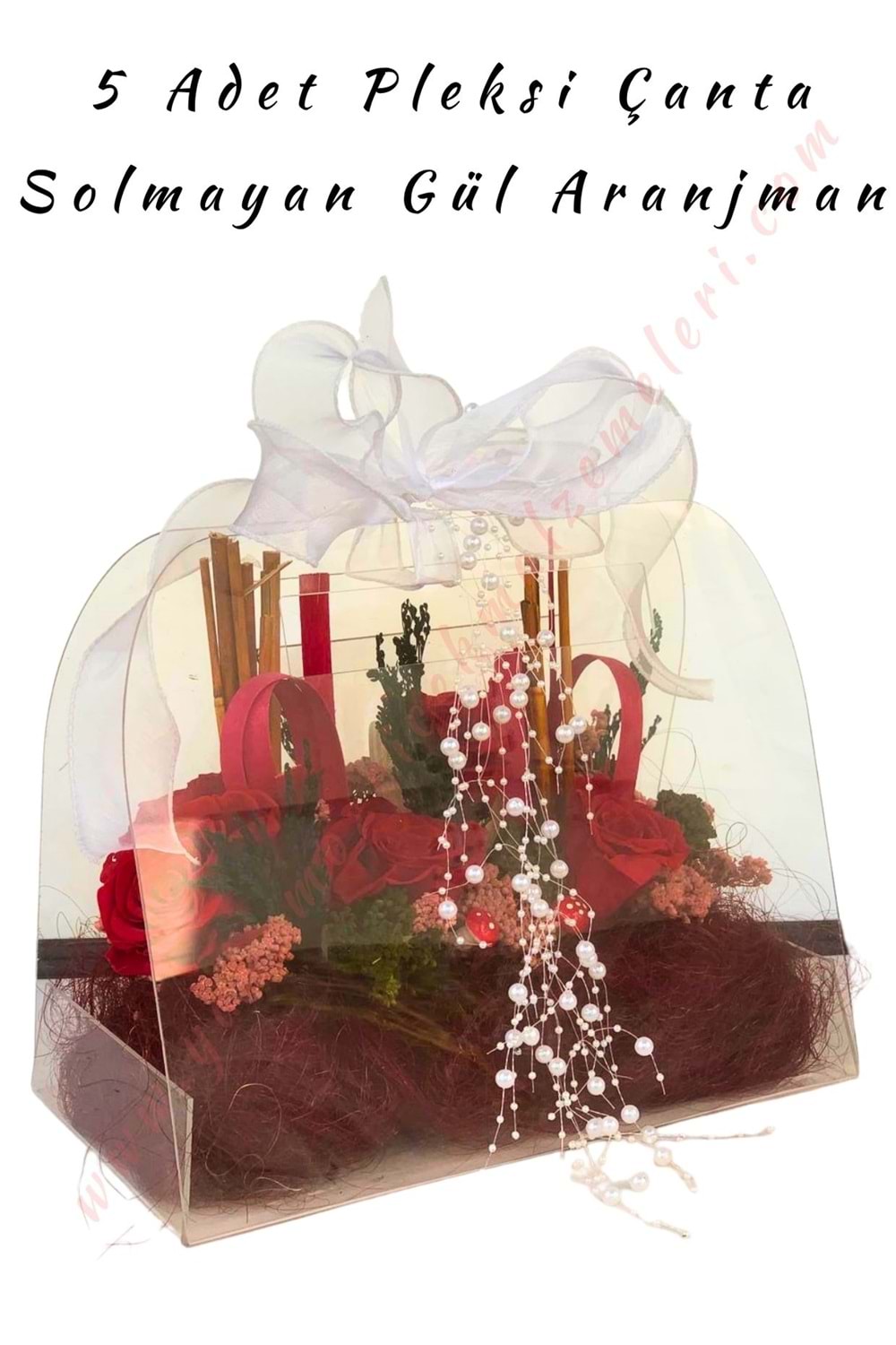 5 Adet Solmayan Gül Aranjmanlı Pleksi Çanta 30*25*17 Cm