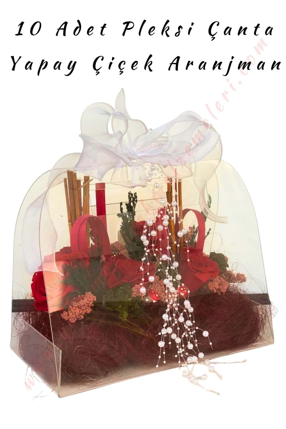 10 Adet Yapay Çiçek Aranjmanlı Pleksi Çanta 30*25*17 Cm