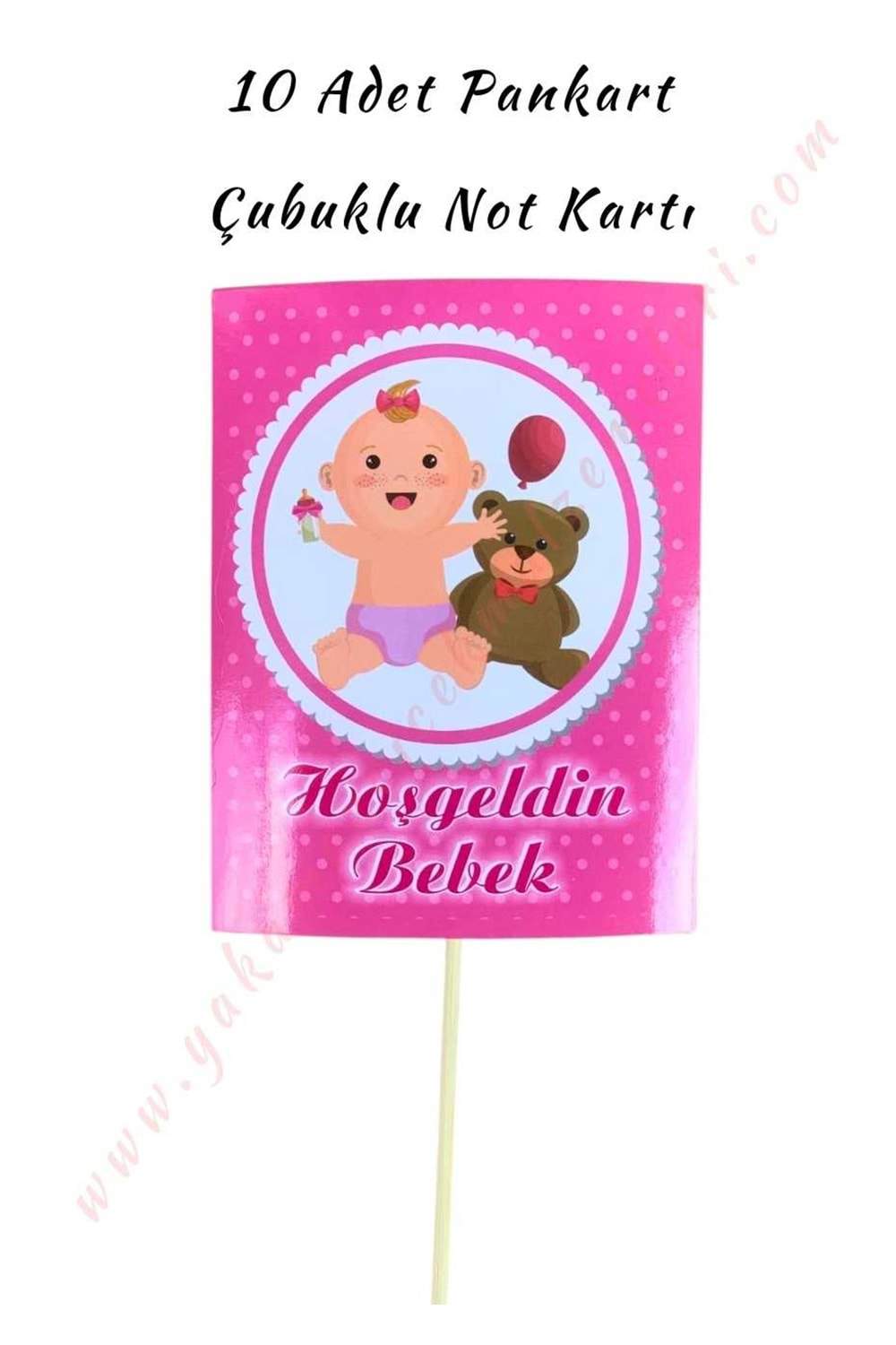 10 Adet Pankart - Çubuklu Not Kartı - Hoşgeldin Bebek - Pembe