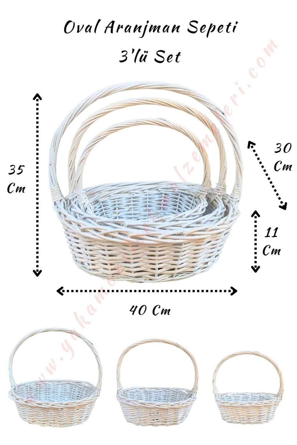 Oval Aranjman Sepeti 3 lü Set Beyaz 40*30 Cm