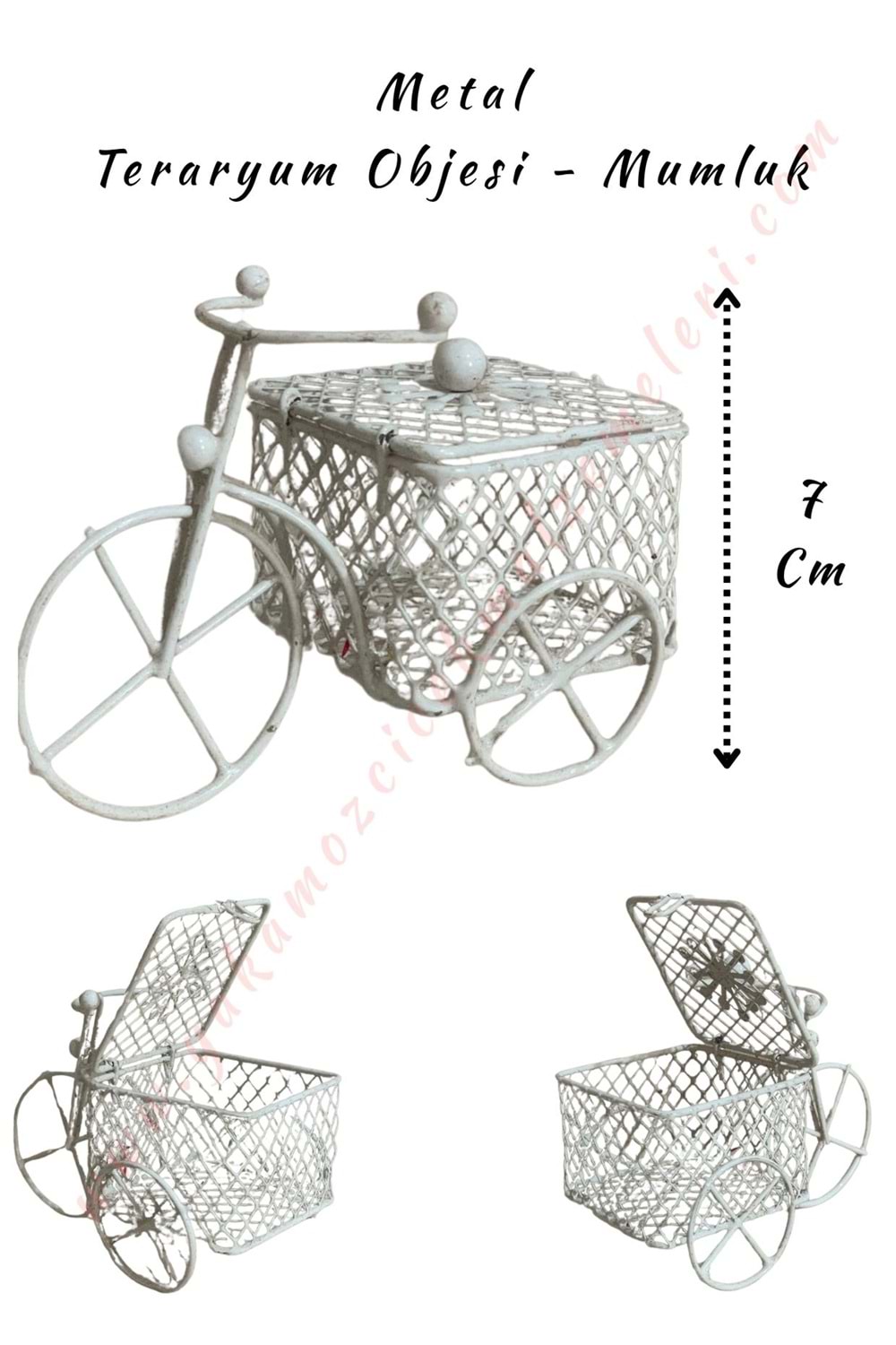 Sepetli Bisiklet - Metal Teraryum Objesi - Mumluk - Beyaz