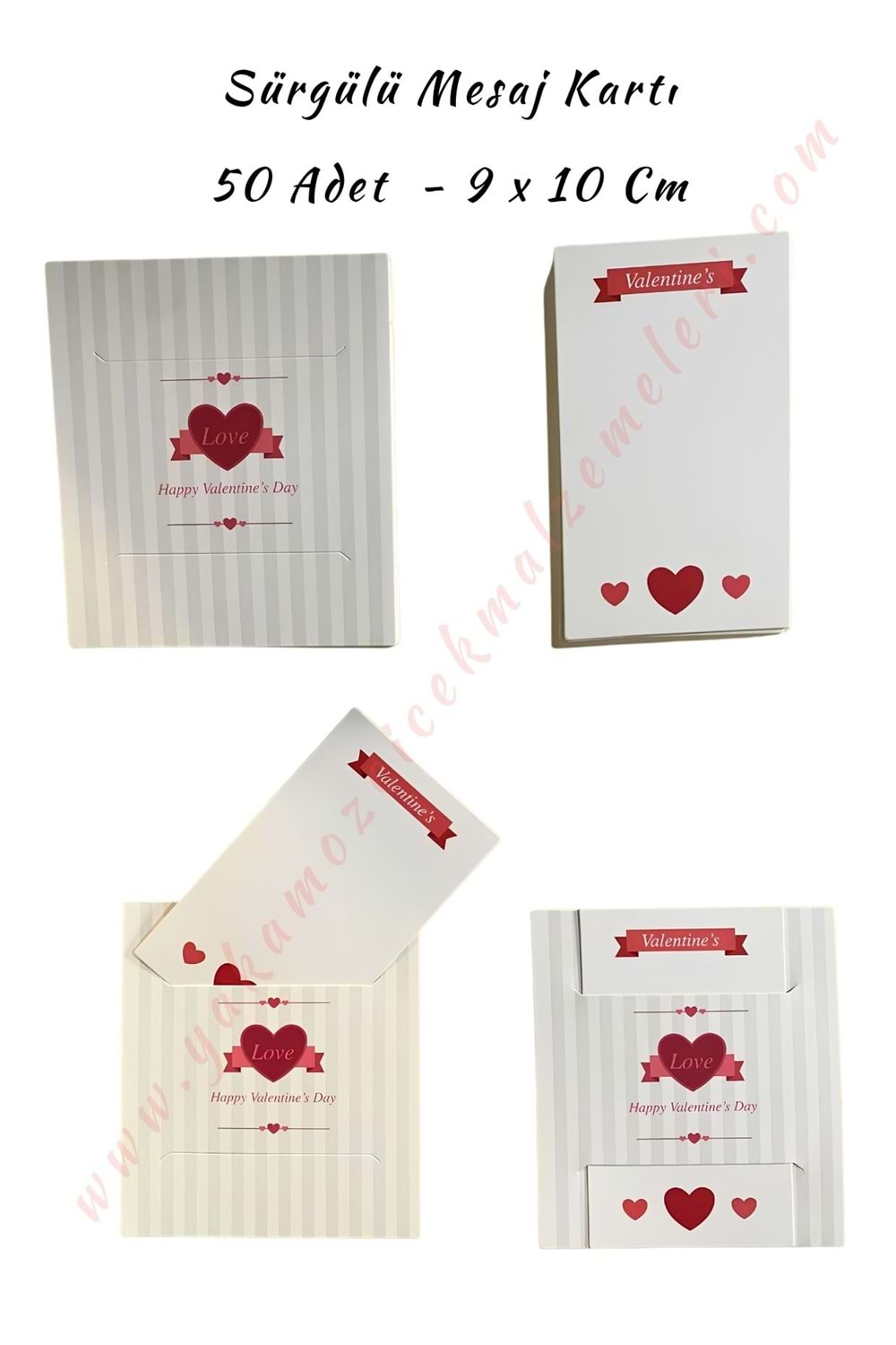 50 Adet Sürgülü Kartvizit Mesaj Kartı 9*10 Cm - Kırmızı Kalpli