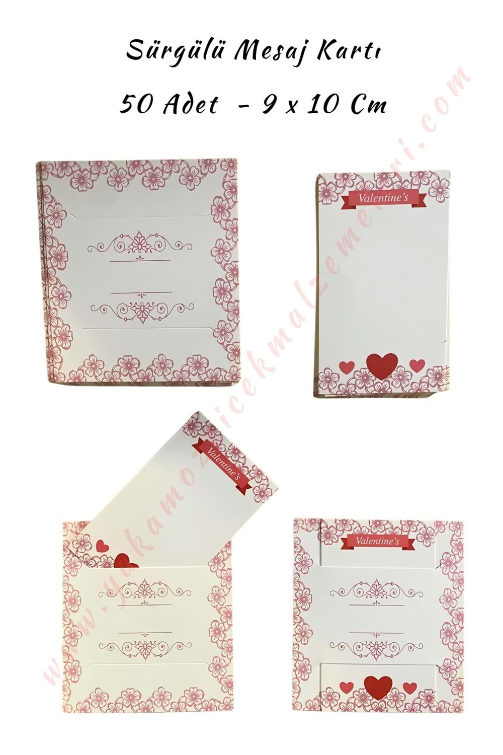 50 Adet Sürgülü Kartvizit Mesaj Kartı 9*10 Cm - Kırmızı Çiçekli