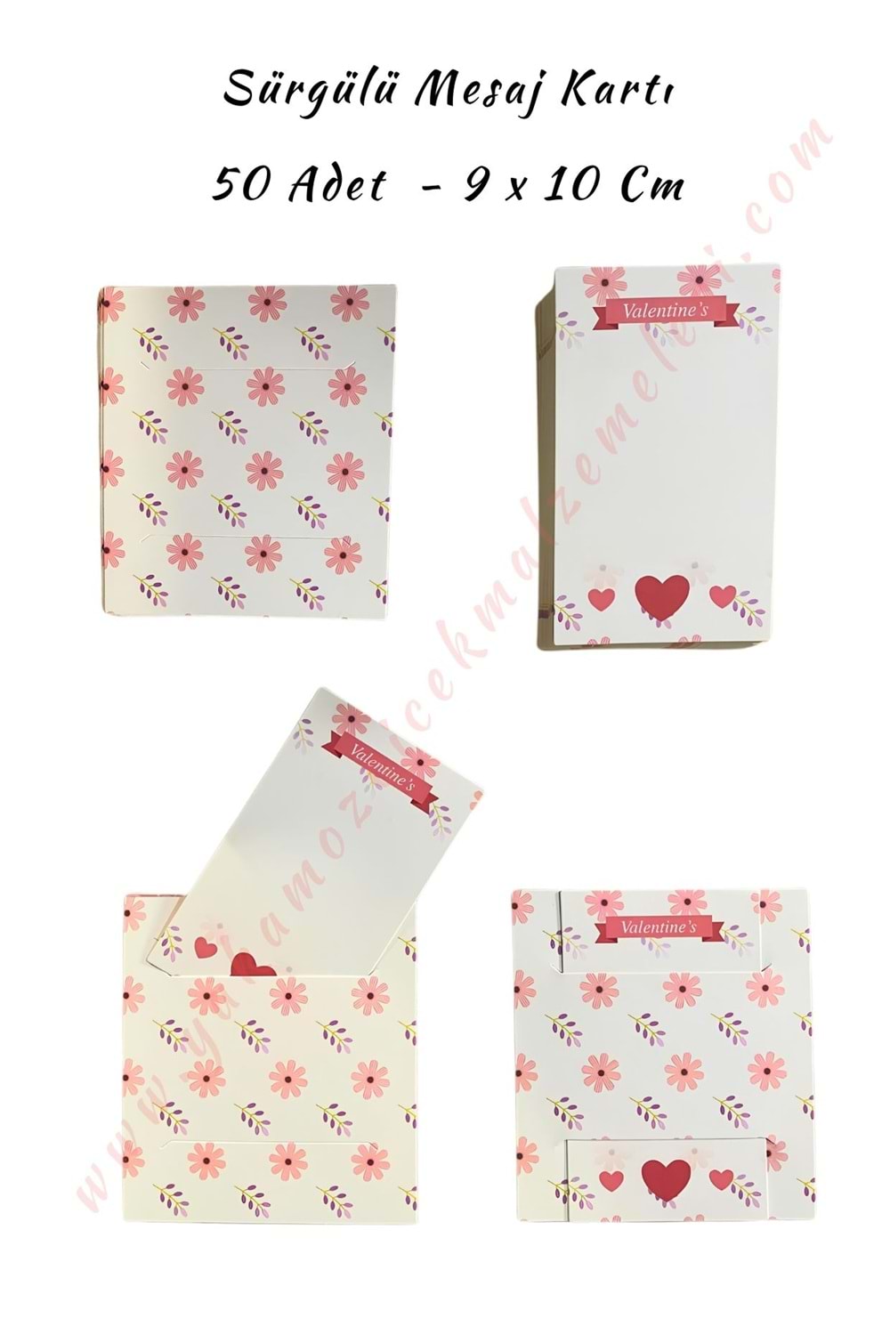 50 Adet Sürgülü Kartvizit Mesaj Kartı 9*10 Cm - Kırmızı Dallı