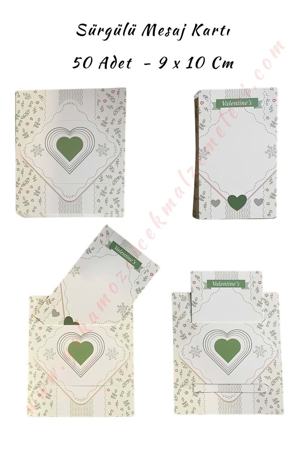 50 Adet Sürgülü Kartvizit Mesaj Kartı 9*10 Cm - Yeşil Kalpli