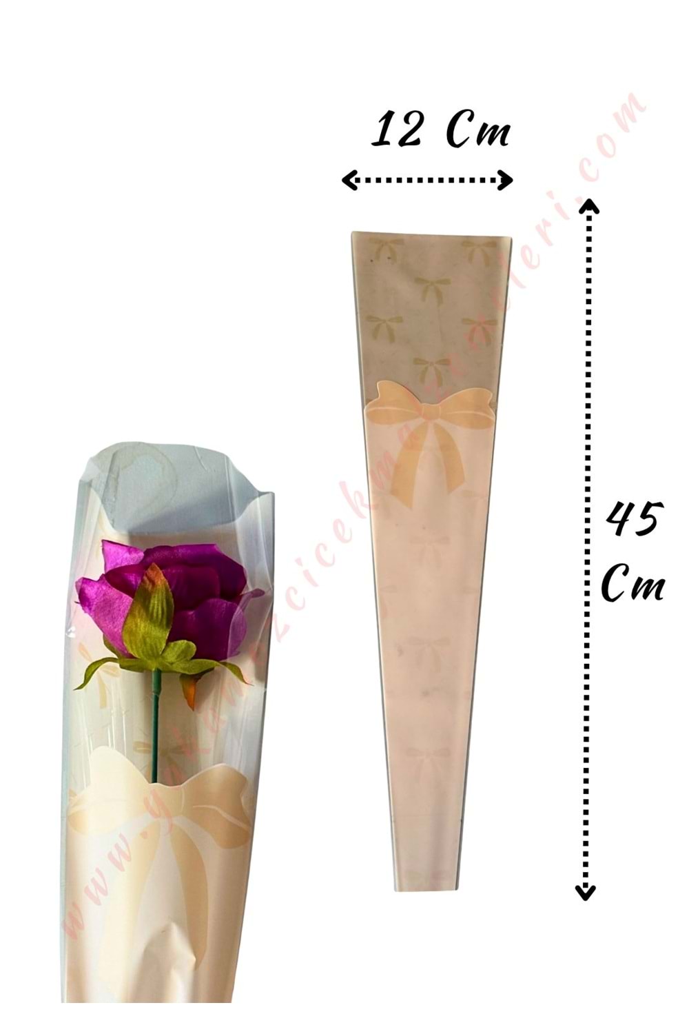 Çiçek Poşeti Kurdele Baskılı 50 Adet 12*45 Cm - Tek Güllük YK-579 - Somon
