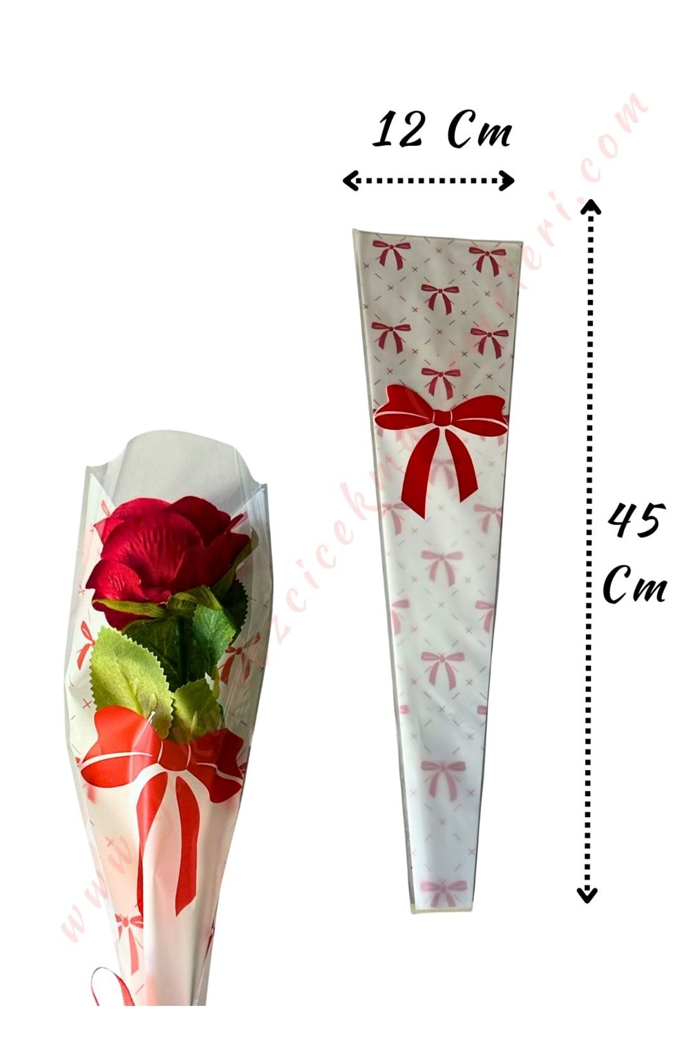 Çiçek Poşeti Kurdele Baskılı 50 Adet 12*45 Cm - Tek Güllük YK-579 - Kırmızı