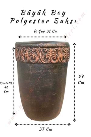 Büyük Boy Polyester Saksı Barok İşlemeli Çap 37 Cm Yükseklik 57 Cm - Siyah
