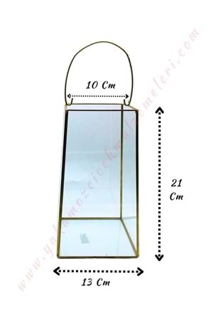 Metal Çerçeveli Dikdörtgen Prizma Fener Mumluk Kandil Küçük 13*21 Ağız Genişliği 10 Cm