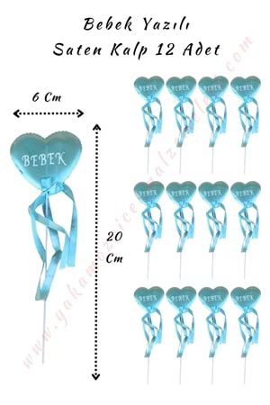 Çubuklu Saten Kalp Bebek Yazılı - 12 Adet - Açık Mavi