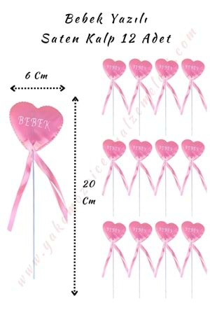 Çubuklu Saten Kalp Bebek Yazılı - 12 Adet - Açık Pembe