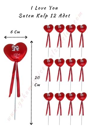 Çubuklu Saten Kalp I Love You Yazılı - 12 Adet - Kırmızı